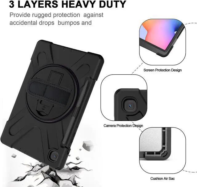 Alt view image 2 of 7 - Case for Samsung Galaxy Tab S6 Lite 10.4 inch 2020 2022 Model SM-P610 P613 P615 P619 with Pencil Holder Full-Body Heavy Duty Rotating Stand Cover with Shoulder Strap,Hand Strap