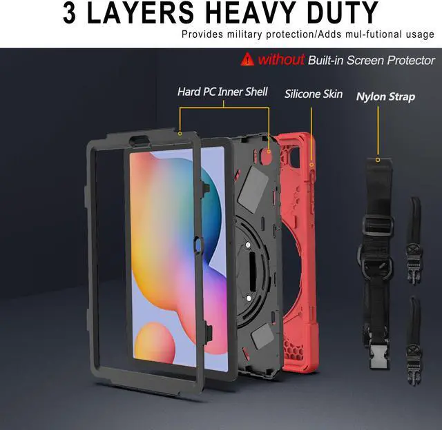 Alt view image 7 of 7 - Case for Samsung Galaxy Tab S6 Lite 10.4 inch 2020 2022 Model SM-P610 P613 P615 P619 with Pencil Holder Full-Body Heavy Duty  Rotating Stand Cover with Shoulder Strap,Hand Strap