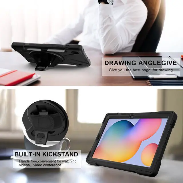 Alt view image 4 of 7 - Case for Samsung Galaxy Tab S6 Lite 10.4 inch 2020 2022 Model SM-P610 P613 P615 P619 with Pencil Holder Full-Body Heavy Duty Rotating Stand Cover with Shoulder Strap,Hand Strap