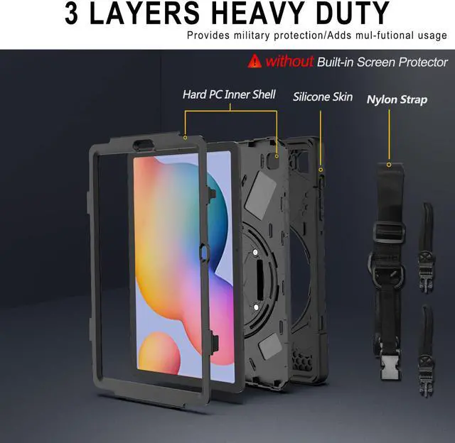 Alt view image 5 of 7 - Case for Samsung Galaxy Tab S6 Lite 10.4 inch 2020 2022 Model SM-P610 P613 P615 P619 with Pencil Holder Full-Body Heavy Duty Rotating Stand Cover with Shoulder Strap,Hand Strap