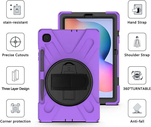 Alt view image 5 of 7 - Case for Samsung Galaxy Tab S6 Lite 10.4 inch 2020 2022 Model SM-P610 P613 P615 P619 with Pencil Holder Full-Body Heavy Duty Rotating Stand Cover with Shoulder Strap,Hand Strap