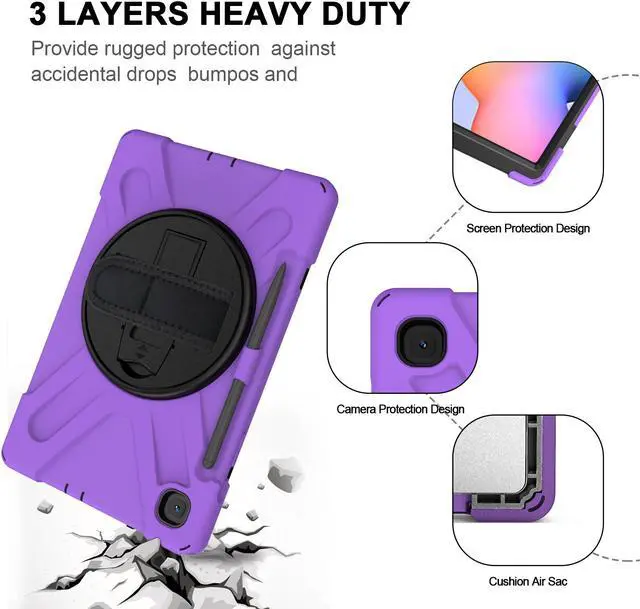 Alt view image 3 of 7 - Case for Samsung Galaxy Tab S6 Lite 10.4 inch 2020 2022 Model SM-P610 P613 P615 P619 with Pencil Holder Full-Body Heavy Duty Rotating Stand Cover with Shoulder Strap,Hand Strap