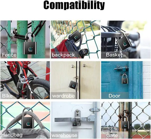 Alt view image 3 of 6 - Fingerprint Padlock IP65 Waterproof Ultra Light One Touch Open Lock with USB Charging for Gym, Sports, School Employee Locker,Fence, Suitcase,Bike