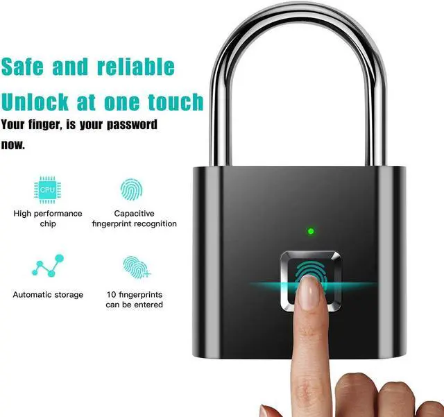 Alt view image 2 of 6 - Fingerprint Padlock IP65 Waterproof Ultra Light One Touch Open Lock with USB Charging for Gym, Sports, School Employee Locker,Fence, Suitcase,Bike