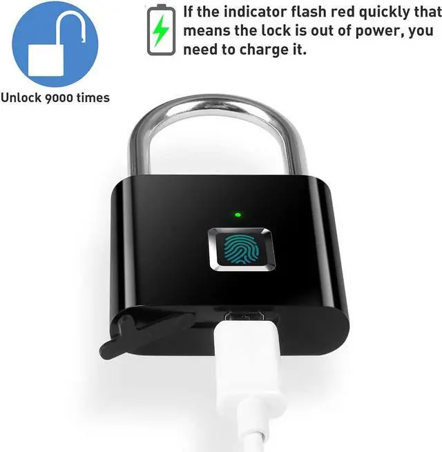 Alt view image 4 of 6 - Fingerprint Padlock IP65 Waterproof Ultra Light One Touch Open Lock with USB Charging for Gym, Sports, School Employee Locker,Fence, Suitcase,Bike