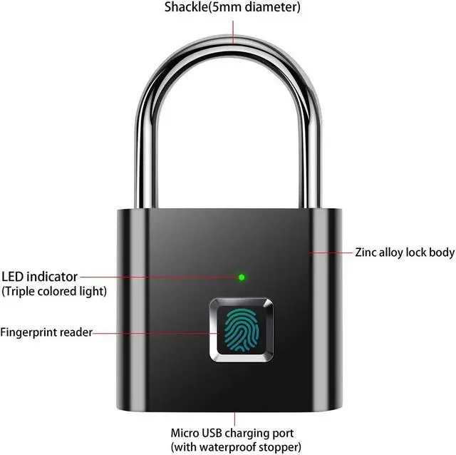 Alt view image 5 of 6 - Fingerprint Padlock IP65 Waterproof Ultra Light One Touch Open Lock with USB Charging for Gym, Sports, School Employee Locker,Fence, Suitcase,Bike