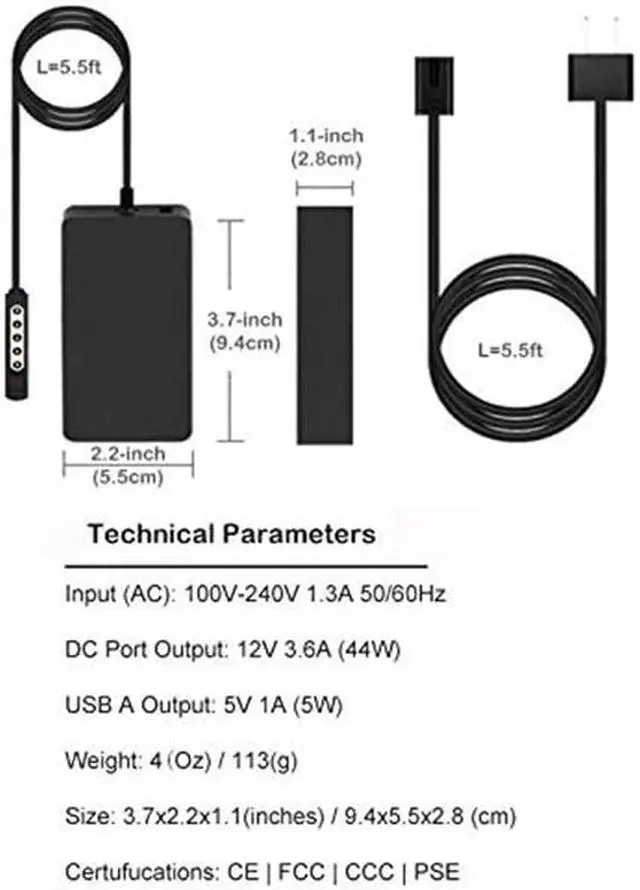 Alt view image 6 of 6 - 48W Surface Pro 2 Charger for Microsoft Surface RT Surface Pro 2 Pro 1 Surface 2 Tablet Microsoft 1512 1516 1536 12V 3.6A 48W Surface Power Supply MS Surface Pro 2 Ac Adapter with 5V USB Port