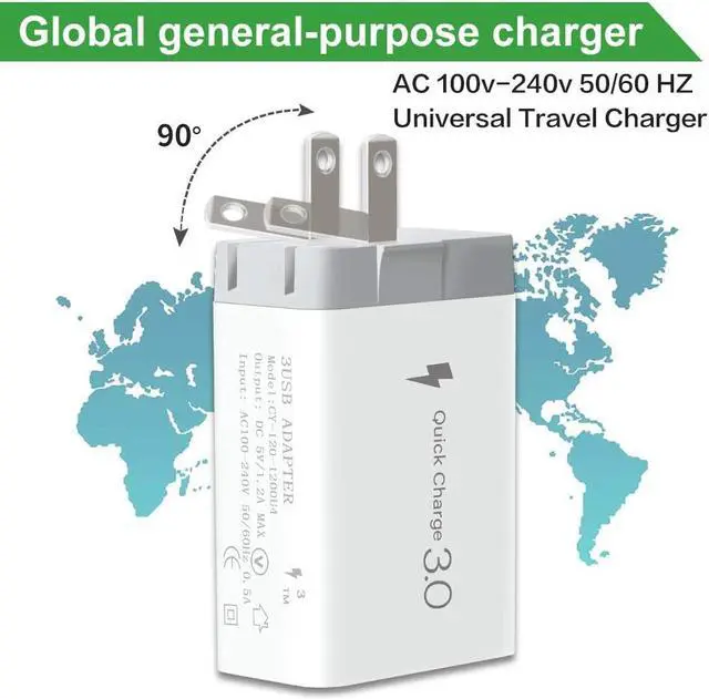 Alt view image 5 of 7 - Wall Charger Fast Adapter QC 3.0 + 2 USB Fast Wall Charger 3 Ports Tablet iPad Phone Fast Charger Adapter Quick Charge 3.0 Travel Plug Compatible Samsung, LG, HTC, iPhone More