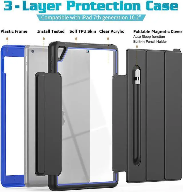Alt view image 3 of 6 - New iPad 7th Generation 10.2 inch Case 2019 with Pencil Holder Smart Stand Cover with Auto Wake/Sleep for Apple iPad 10.2" Model A2197 / A2198 / A2200