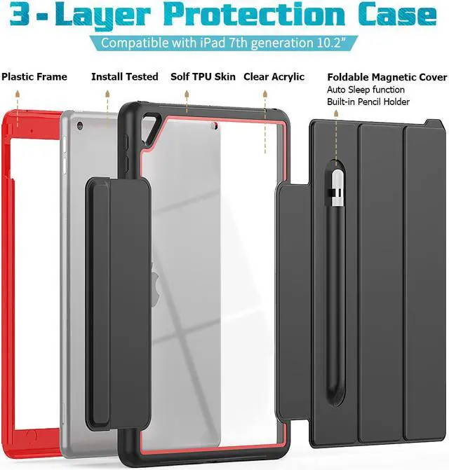 Alt view image 4 of 6 - New iPad 7th Generation 10.2 inch Case 2019 with Pencil Holder Smart Stand Cover with Auto Wake/Sleep for Apple iPad 10.2" Model A2197 / A2198 / A2200