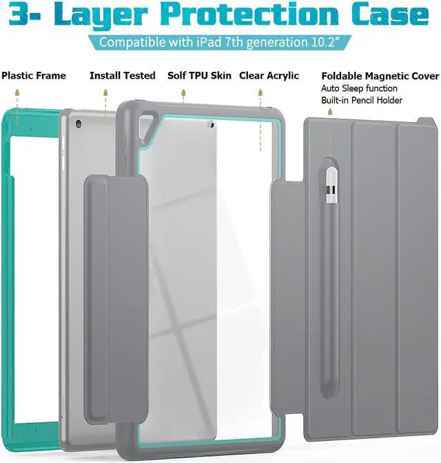 Alt view image 5 of 6 - New iPad 7th Generation 10.2 inch Case 2019 with Pencil Holder Smart Stand Cover with Auto Wake/Sleep for Apple iPad 10.2" Model A2197 / A2198 / A2200