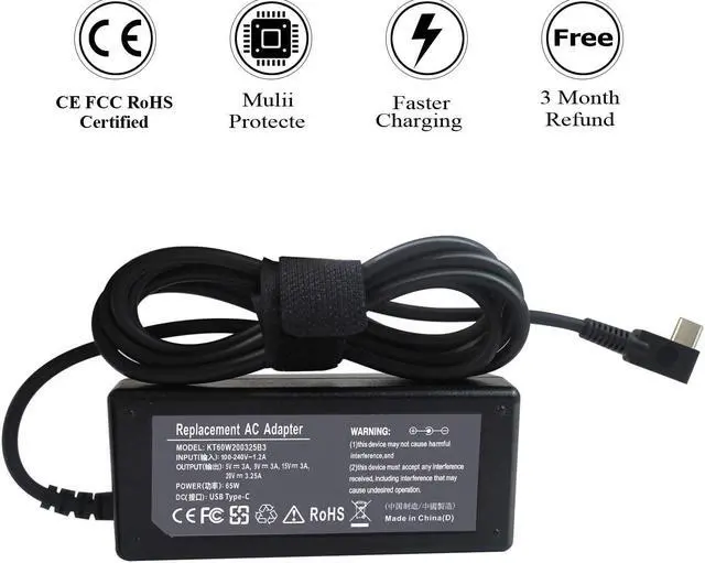 Alt view image 5 of 6 - 20V 3.25A 65W USB Type C Laptop Charger Compatible with Lenovo ThinkPad A275 E480 E580 L380 L480 L580 P52s T470 T470s T480 T480s T570 T580 and Other Type C Devices