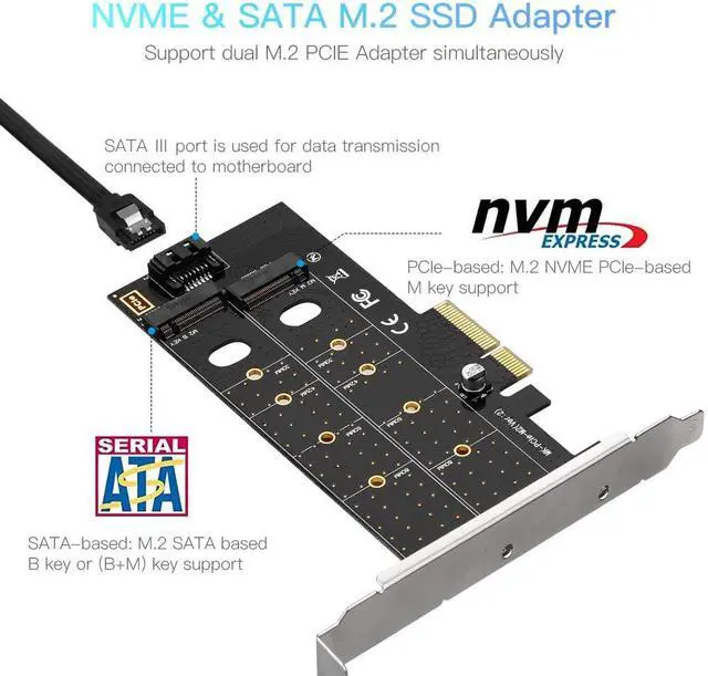 Alt view image 2 of 7 - Dual M.2 PCIe Adapter NGFF PCI-e 3.0 x 4 to SATA or PCIE NVMe SSD Expansion Card Support NVME (m Key) or SATA (b Key) 22110/2280/ 2260/2242 /2230 Host Controller Express Card