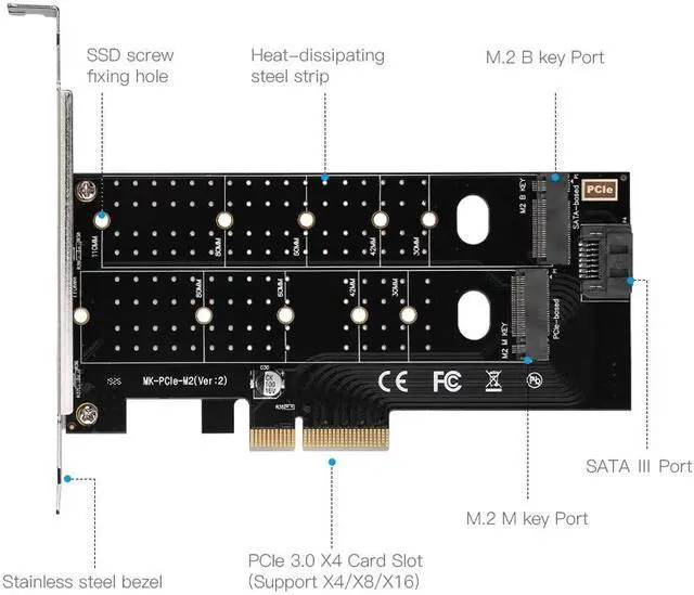 Alt view image 3 of 7 - Dual M.2 PCIe Adapter NGFF PCI-e 3.0 x 4 to SATA or PCIE NVMe SSD Expansion Card Support NVME (m Key) or SATA (b Key) 22110/2280/ 2260/2242 /2230 Host Controller Express Card