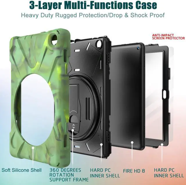 Alt view image 7 of 7 - Case for Amazon Kindle Fire HD 8 2020 / Fire 8 Plus 2020 - 10th Generation 2020 Released - Shockproof Protective Cover with Built-in Kickstand Hand Strap & Shoulder Strap