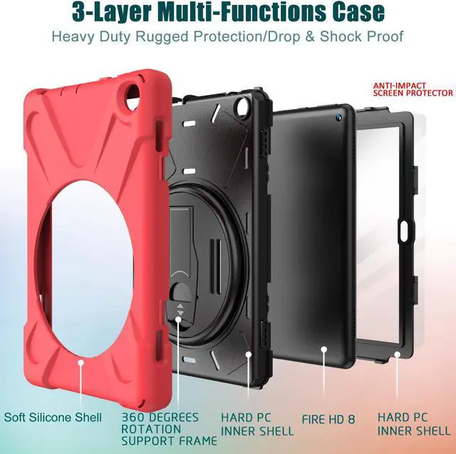 Alt view image 6 of 7 - Case for Amazon Kindle Fire HD 8 2020 / Fire 8 Plus 2020 - 10th Generation 2020 Released - Shockproof Protective Cover with Built-in Kickstand Hand Strap & Shoulder Strap