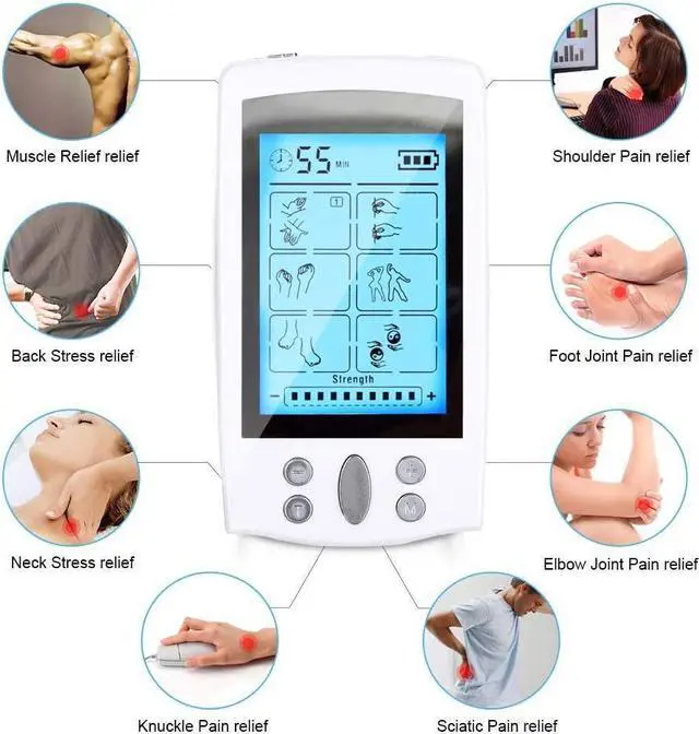Alt view image 2 of 6 - Tens Unit Machine Pulse Massager 16 Massage Modes Rechargeable Muscle Stimulator Device with 8 Electrode Pads for Pain Relief, Body Building Neck Back Pain Relief