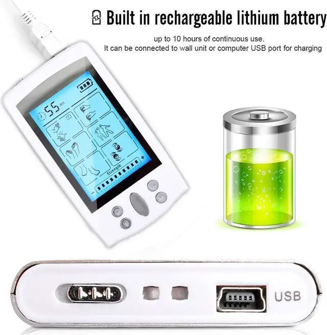 Alt view image 6 of 6 - Tens Unit Machine Pulse Massager 16 Massage Modes Rechargeable Muscle Stimulator Device with 8 Electrode Pads for Pain Relief, Body Building Neck Back Pain Relief