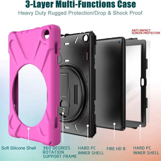 Alt view image 5 of 7 - Case for Amazon Kindle Fire HD 8 2020 / Fire 8 Plus 2020 - 10th Generation 2020 Released - Shockproof Protective Cover with Built-in Kickstand Hand Strap & Shoulder Strap