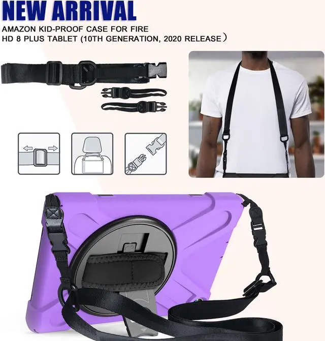 Alt view image 3 of 7 - Case for Amazon Kindle Fire HD 8 2020 / Fire 8 Plus 2020 - 10th Generation 2020 Released - Shockproof Protective Cover with Built-in Kickstand Hand Strap & Shoulder Strap