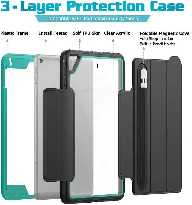 Alt view image 5 of 6 - iPad Mini 5 Case iPad Mini 4 Case Smart Protective Cover Auto Sleep Wake with Stylus Holder Three Layer Drop Protection Heavy Duty Stand Case for iPad Mini 5th / 4th Generation