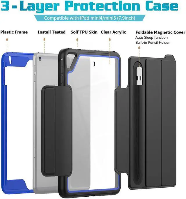 Alt view image 4 of 6 - iPad Mini 5 Case iPad Mini 4 Case Smart Protective Cover Auto Sleep Wake with Stylus Holder Three Layer Drop Protection Heavy Duty Stand Case for iPad Mini 5th / 4th Generation