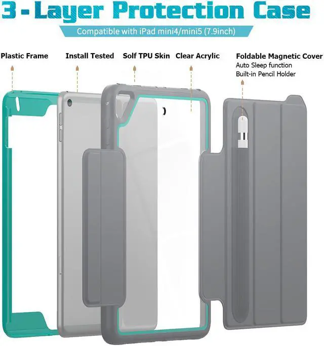 Alt view image 4 of 6 - iPad Mini 5 Case iPad Mini 4 Case Smart Protective Cover Auto Sleep Wake with Stylus Holder Three Layer Drop Protection Heavy Duty Stand Case for iPad Mini 5th / 4th Generation
