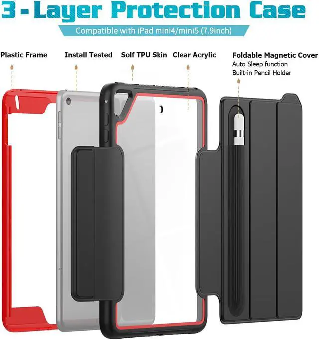 Alt view image 6 of 6 - iPad Mini 5 Case iPad Mini 4 Case Smart Protective Cover Auto Sleep Wake with Stylus Holder Three Layer Drop Protection Heavy Duty Stand Case for iPad Mini 5th / 4th Generation