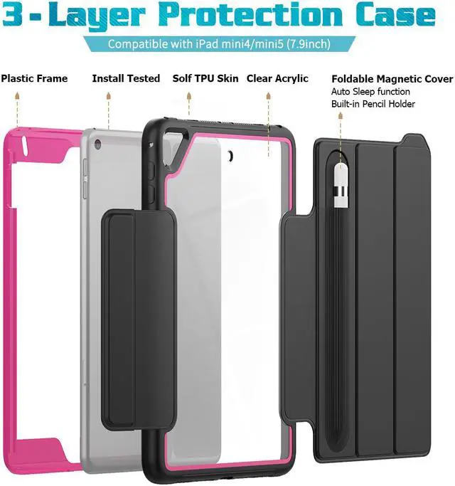 Alt view image 4 of 6 - iPad Mini 5 Case iPad Mini 4 Case Smart Protective Cover Auto Sleep Wake with Stylus Holder Three Layer Drop Protection Heavy Duty Stand Case for iPad Mini 5th / 4th Generation