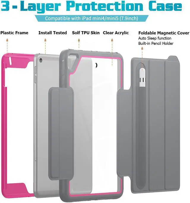 Alt view image 3 of 6 - iPad Mini 5 Case iPad Mini 4 Case Smart Protective Cover Auto Sleep Wake with Stylus Holder Three Layer Drop Protection Heavy Duty Stand Case for iPad Mini 5th / 4th Generation