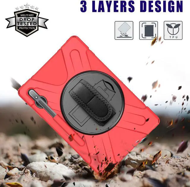 Alt view image 4 of 7 - Galaxy Tab S8 Plus 2022 / S7 Plus 12.4 inch 2020 Case with S Pen Holder (Model SM-X800/X806/T970/T975), Rugged Heavy Duty Shockproof Case with Hand Strap Rotating Kickstand Protective Cover