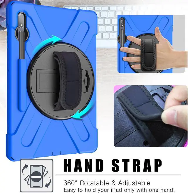 Alt view image 4 of 7 - Galaxy Tab S8 Plus 2022 / S7 Plus 12.4 inch 2020 Case with S Pen Holder (Model SM-X800/X806/T970/T975), Rugged Heavy Duty Shockproof Case with Hand Strap Rotating Kickstand Protective Cover