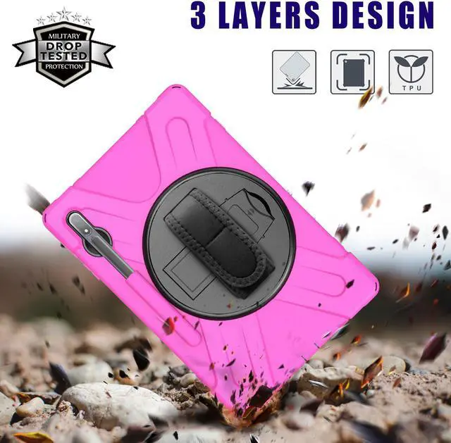 Alt view image 2 of 7 - Galaxy Tab S8 Plus 2022 / S7 Plus 12.4 inch 2020 Case with S Pen Holder (Model SM-X800/X806/T970/T975), Rugged Heavy Duty Shockproof Case with Hand Strap Rotating Kickstand Protective Cover