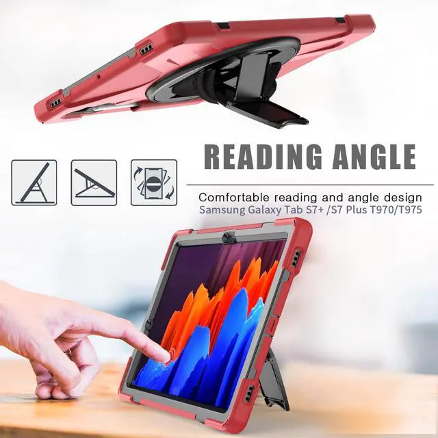 Alt view image 2 of 7 - Galaxy Tab S8 Plus 2022 / S7 Plus 12.4 inch 2020 Case with S Pen Holder (Model SM-X800/X806/T970/T975), Rugged Heavy Duty Shockproof Case with Hand Strap Rotating Kickstand Protective Cover