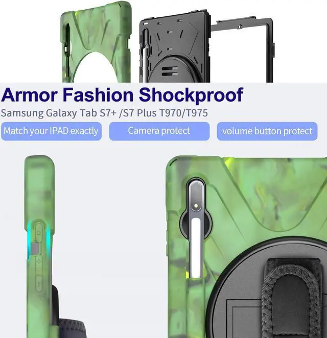Alt view image 3 of 7 - Galaxy Tab S8 Plus 2022 / S7 Plus 12.4 inch 2020 Case with S Pen Holder (Model SM-X800/X806/T970/T975), Rugged Heavy Duty Shockproof Case with Hand Strap Rotating Kickstand Protective Cover