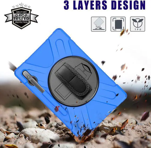 Alt view image 2 of 7 - Galaxy Tab S8 Plus 2022 / S7 Plus 12.4 inch 2020 Case with S Pen Holder (Model SM-X800/X806/T970/T975), Rugged Heavy Duty Shockproof Case with Hand Strap Rotating Kickstand Protective Cover