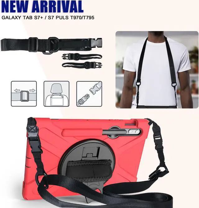 Alt view image 5 of 7 - Galaxy Tab S8 Plus 2022 / S7 Plus 12.4 inch 2020 Case with S Pen Holder (Model SM-X800/X806/T970/T975), Rugged Heavy Duty Shockproof Case with Hand Strap Rotating Kickstand Protective Cover
