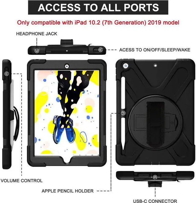 Alt view image 5 of 7 - New iPad 8 10.2 inch 2020 8th Generation / iPad 10.2 inch 2019 iPad 7th Generation Case with Pencil Holder / Rotatable Stand / Hand Strap and Shoulder Belt Shockproof Cover