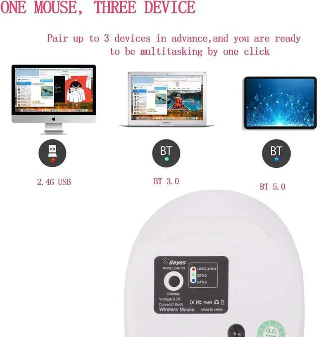 Alt view image 5 of 7 - Bluetooth Wireless Mouse with Rechargeable Slient 3 Modes 2.4G + Bluetooth 3.0 / 5.0 Mouse Compatible with iPhone,iPad, MAC OS,Windows, Android Devices