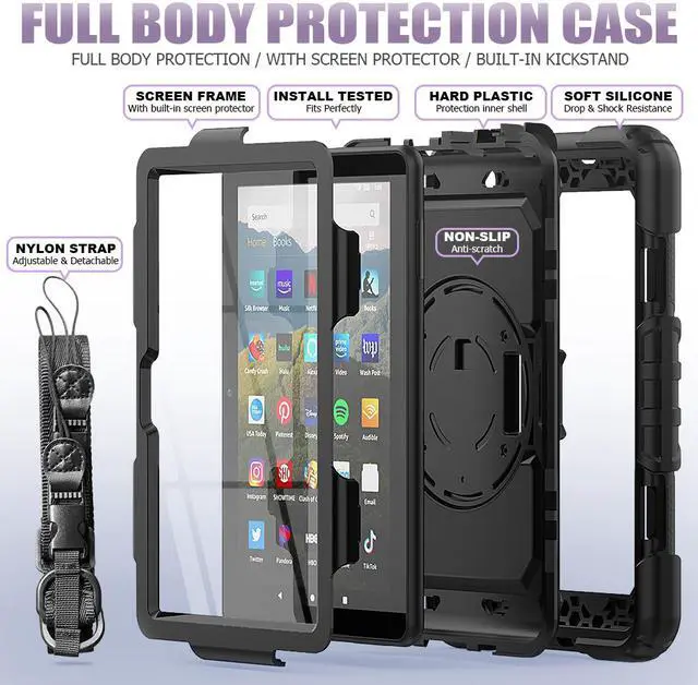 Alt view image 6 of 7 - Case for Fire HD 8 2020 & Fire HD 8 Plus 2020 Heavy Duty Protective Shockproof Cover with Hand Strap, Shoulder Strap, Kickstand for Amazon Kindle Fire HD 8 & Fire HD 8 Plus 8 inch Tablet 2020 Release