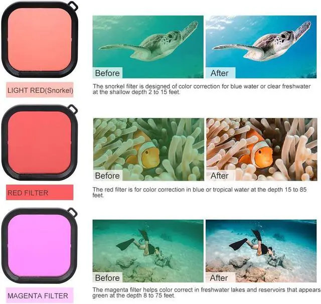 Alt view image 4 of 7 - Underwater Waterproof Housing Case for GoPro Hero 9 Black with Quick Release Buckle & Screws and 3-Pack Red / Pink / Purple Diving Filter for Gopro Hero 9 Black Accessory