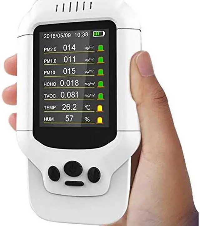 Alt view image 5 of 7 - Air Quality Monitor, Formaldehyde Detector, Temperature & Humidity Meter, Pollution Tester, Sensor; Detect PM2.5 / PM10 / PM1.0 Micron Dust, Test Indoor TVOC Volatile Organic Compound Gas
