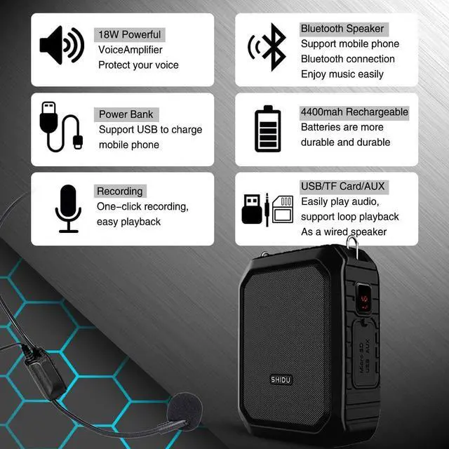 Alt view image 6 of 7 - Voice Amplifier Microphone Headset 18W Portable Mini Wired PA System Waterproof Personal Speaker and Mic as Voice Amp / Recorder / Bluetooth Speaker / Powerbank for Teacher Classroom ect