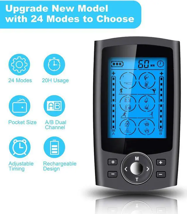 Alt view image 3 of 7 - Dual Channel TENS EMS Unit 24 Modes Muscle Stimulator for Pain Relief Therapy, Electronic Pulse Massager Muscle Massager with 10 Pads, Dust-Proof Drawstring Storage Bag, Fastening Cable Ties