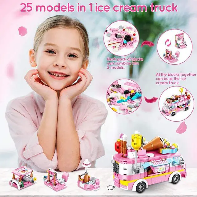 Alt view image 6 of 7 - Girls Building Blocks Toys 553 Pieces Ice Cream Truck Set Toys for Girls 25 Models Pink Building Bricks Toys STEM Toys Construction Play Set for Kids Best Gifts for Girls Age 6-12 and Up