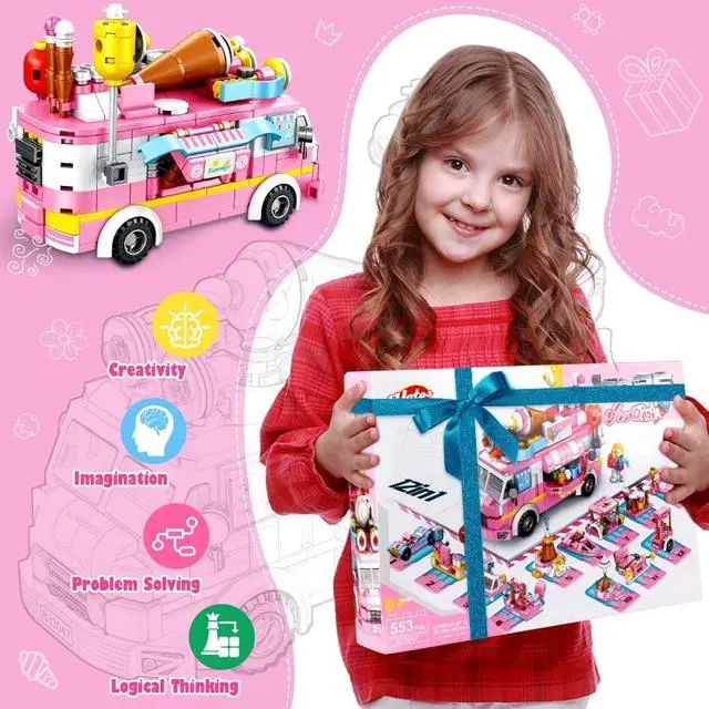 Alt view image 5 of 7 - Girls Building Blocks Toys 553 Pieces Ice Cream Truck Set Toys for Girls 25 Models Pink Building Bricks Toys STEM Toys Construction Play Set for Kids Best Gifts for Girls Age 6-12 and Up