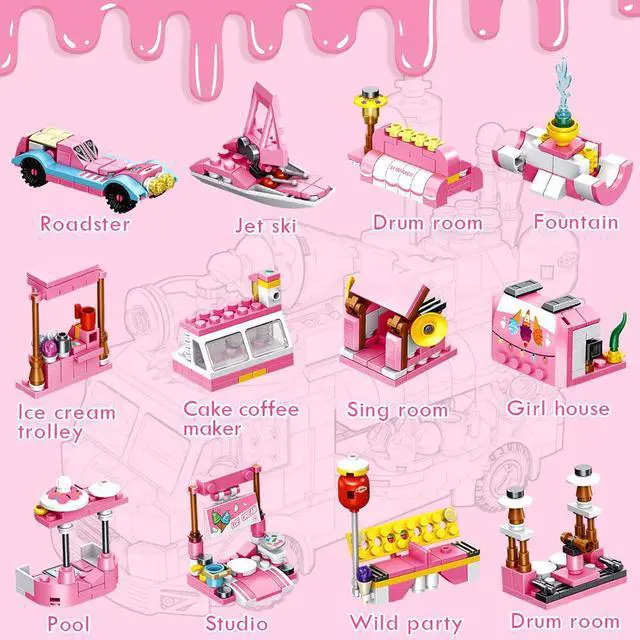 Alt view image 3 of 7 - Girls Building Blocks Toys 553 Pieces Ice Cream Truck Set Toys for Girls 25 Models Pink Building Bricks Toys STEM Toys Construction Play Set for Kids Best Gifts for Girls Age 6-12 and Up