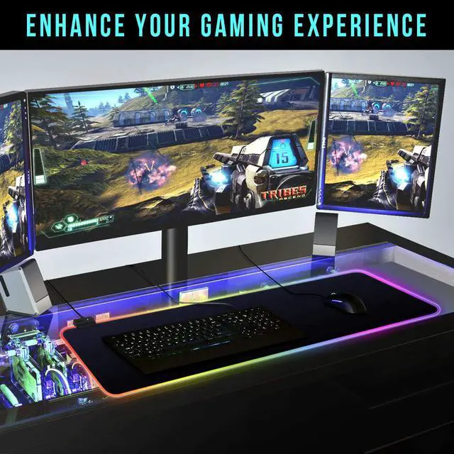 Alt view image 5 of 7 - Large RGB Gaming Mouse Pad - 14 Light Modes Extended Computer Keyboard Mat with Durable Stitched Edges and Non-Slip Rubber Base, High-Performance Mouse Pad Optimized for Gamer 31.5X11.8 inch