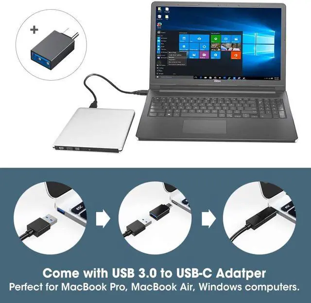 Alt view image 4 of 7 - External CD DVD Drive USB 3.0 Type-C Slim Aluminum Portable DVD/CD ROM +/-RW Optical Drive Burner Writer for MacBook Pro/ Air, iMac, Windows/ Linux/ Mac Laptop Desktop, Silver