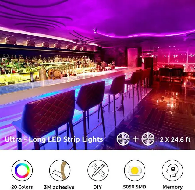 Alt view image 2 of 7 - 50ft LED Strip Lights, Ultra-Long RGB 5050 LED Strips with Remote Controller and Fixing Clips, Color Changing Tape Light with 12V ETL Listed Adapter for Bedroom, Room, Kitchen, Bar